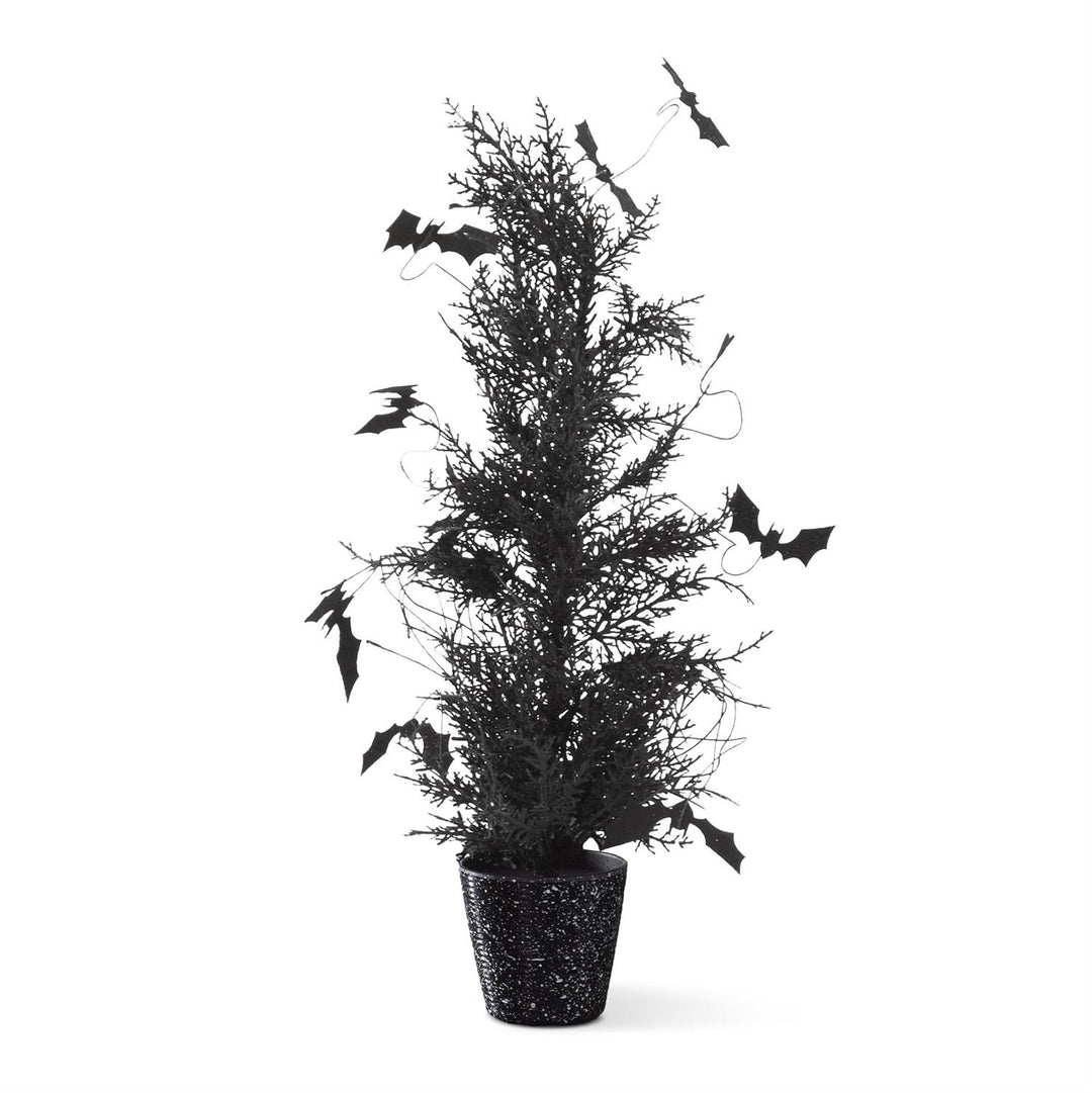Black w/Purple Glitter Pine & Bat Potted Tree