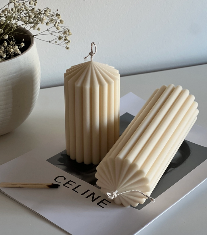 Ribbed Pillar Candles Cypress Fig- Cream color