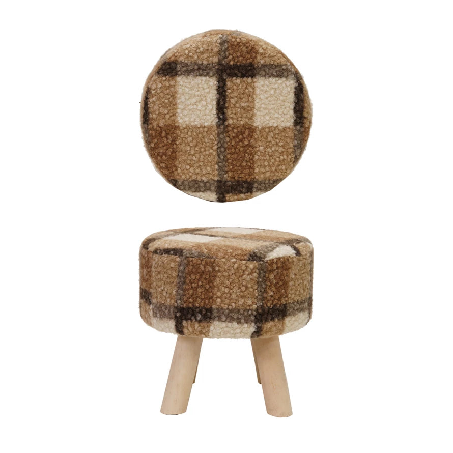 Faux Sherpa Fabric Upholstered Stool with Pine Wood Feet Plaid