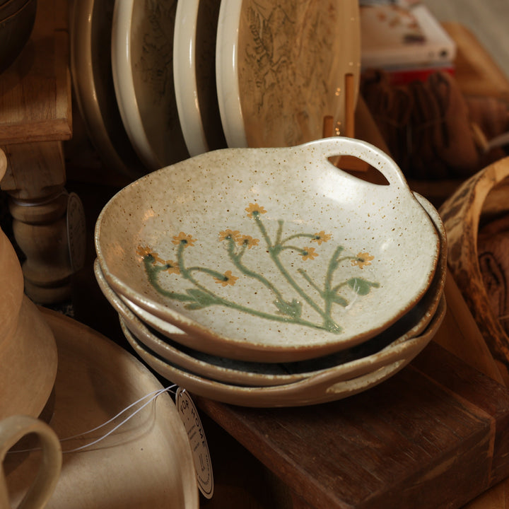 Hand-Painted Stoneware Bowl w/ Handles & Botanicals