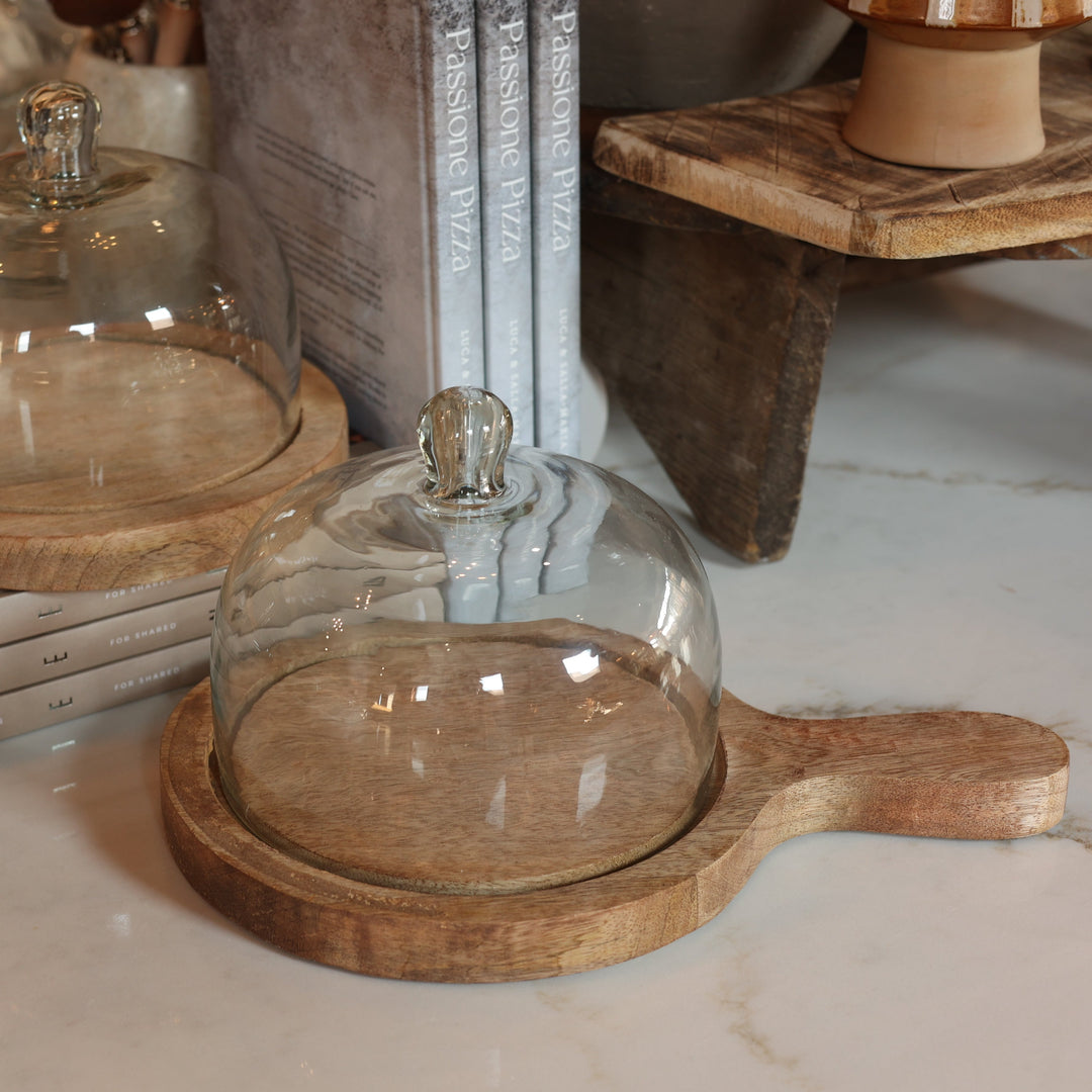 Mango Wood Serving Tray w/ Glass Cloche & Handle