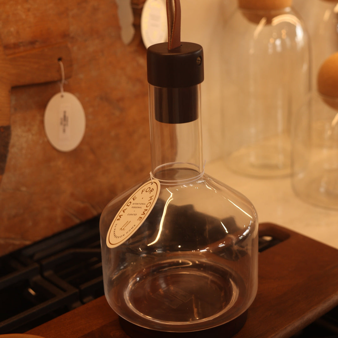 Glass Carafe w/ Acacia Wood Base, Stopper & Leather Pull