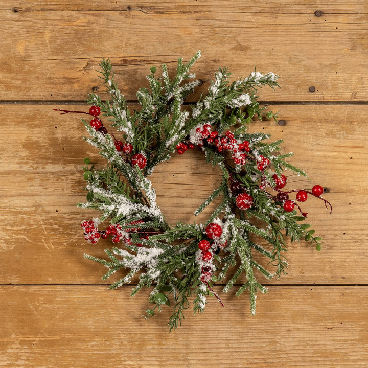 12" SNOWY EVERGREEN W/ RED BERRY CANDLE RING