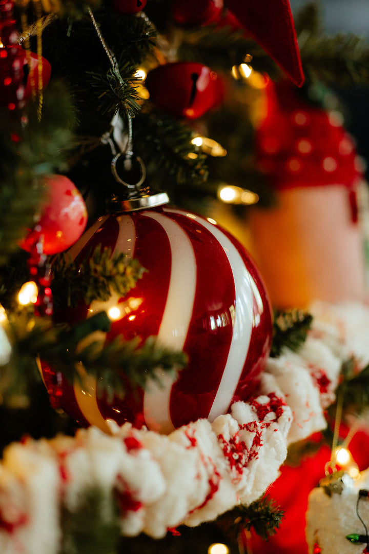Hand-Blown Glass Ball Ornament with Swirled Stripes