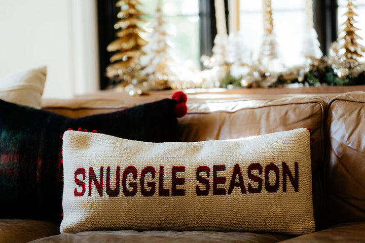Tufted Lumbar Pillow with Pom Pom Trim "Snuggle Season", Natural & Red