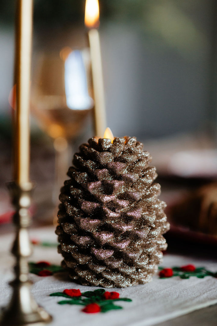 6.5 Inch Gold Wax Glittered Pinecone Luminara Indoor Candle