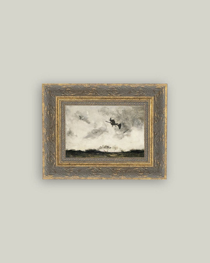 Witch Flying Through The Night Framed Antique Art