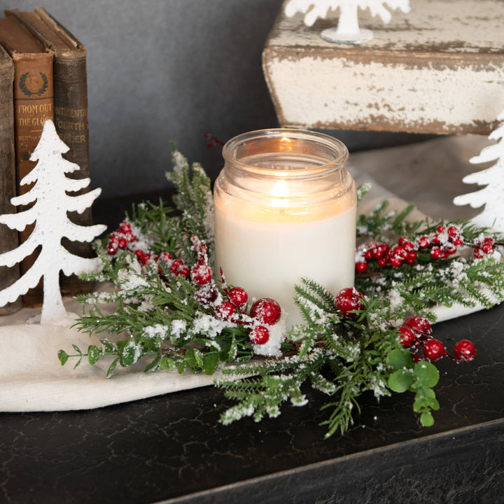 12" SNOWY EVERGREEN W/ RED BERRY CANDLE RING