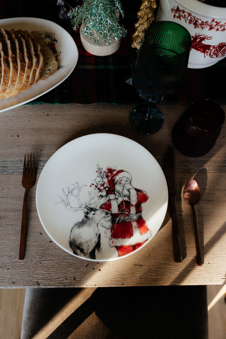 Stoneware Plate with Santa & Reindeer Image, 4 Styles