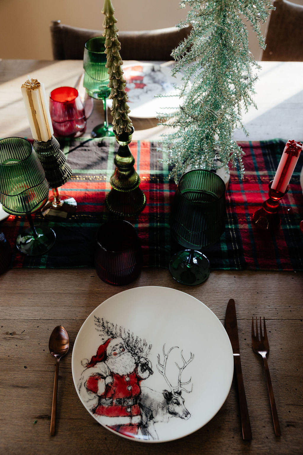 Stoneware Plate with Santa & Reindeer Image, 4 Styles
