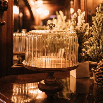 Acacia Wood Pedestal w/ Fluted Glass Cloche
