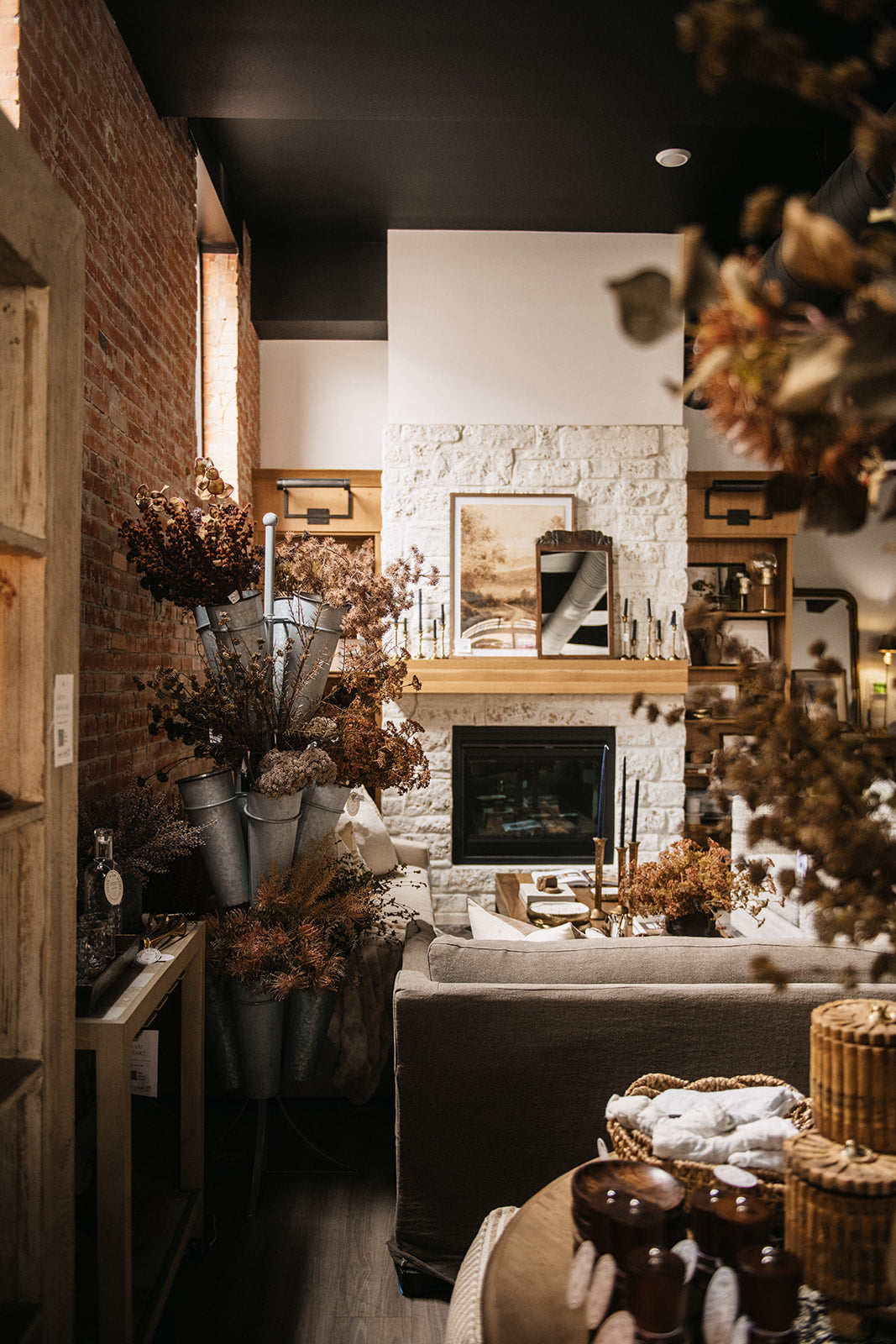 Cozy interior with a fireplace, decorative plants, and a bathtub.