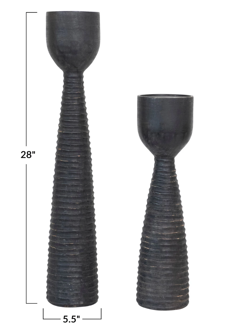 Hand-Carved Mango Wood Ribbed Candle Holder-Large