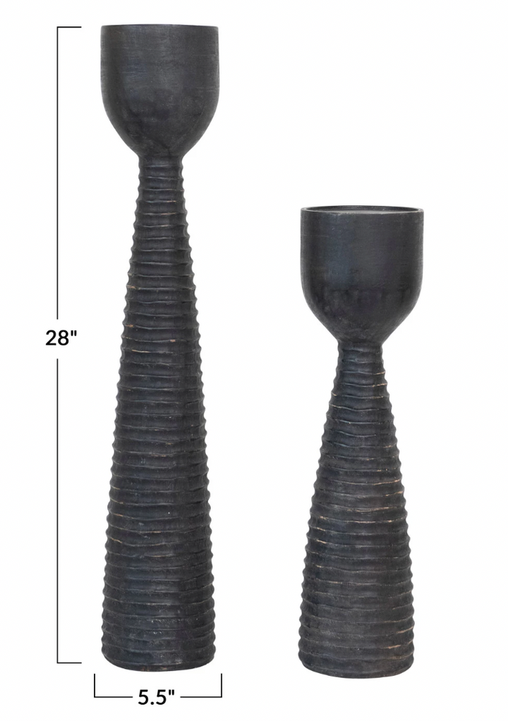 Hand-Carved Mango Wood Ribbed Candle Holder-Large