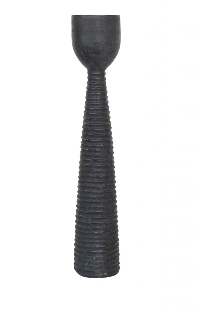 Hand-Carved Mango Wood Ribbed Candle Holder-Large