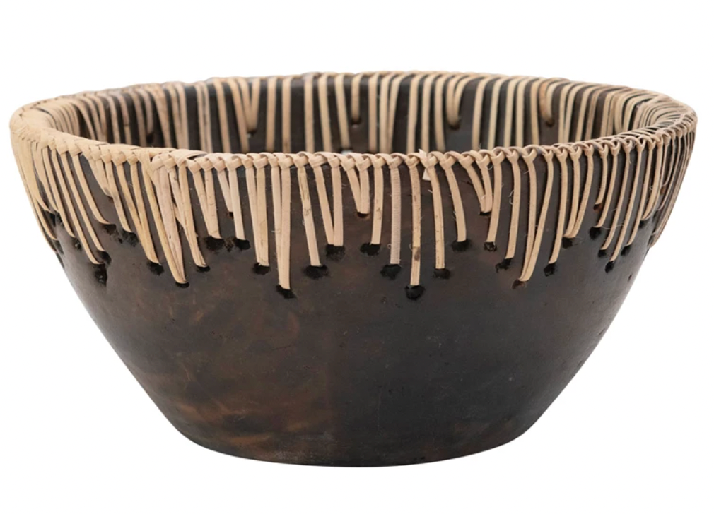 Decorative Terra-cotta Bowl with Rattan Stitching