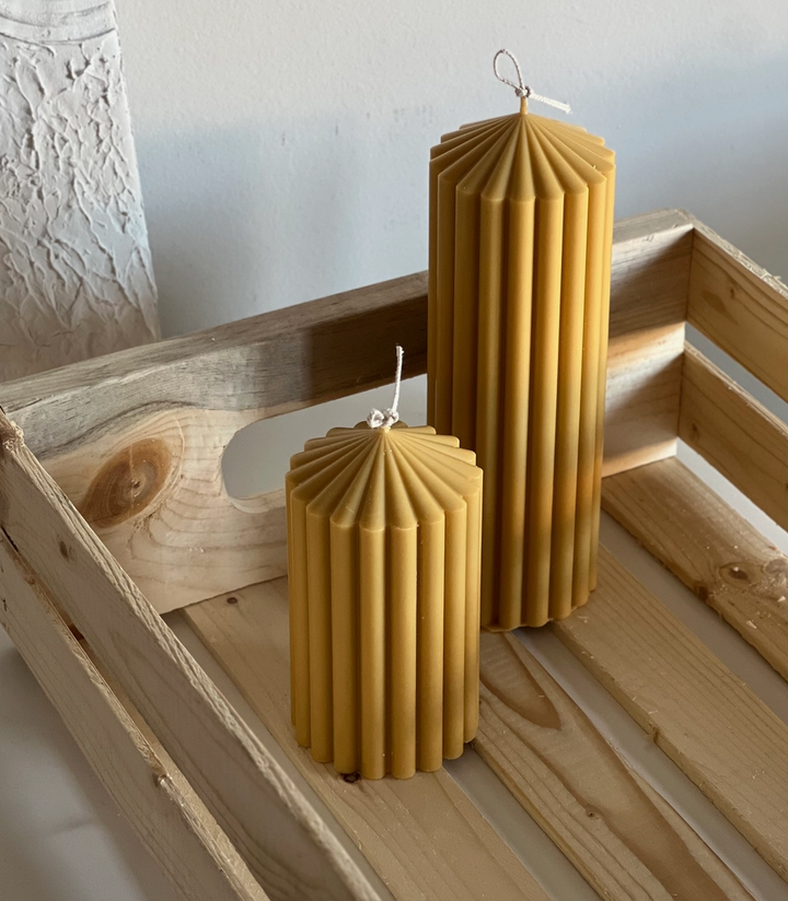 Ribbed Pillar Candles Cypress Fig- Butterscotch Color
