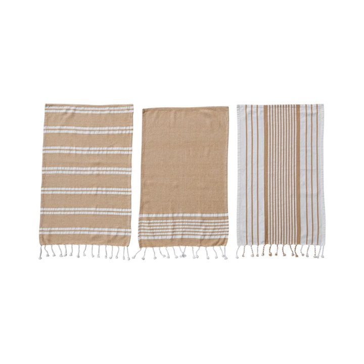 Woven Cotton Yarn Dyed Kitchen Towel w/ Stripes & Tassels, 3 Styles