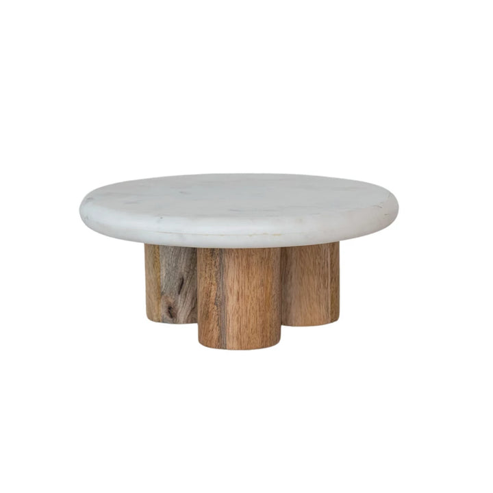 Marble Pedestal w/ Mango Wood Legs, White & Natural