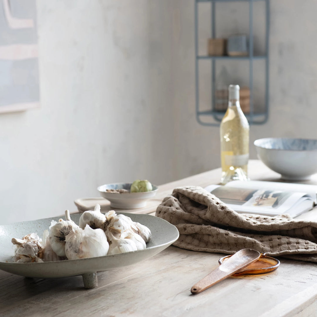 Stoneware Footed Platter, Reactive Glaze, Matte Cream Color Speckled (Each One Will Vary)
