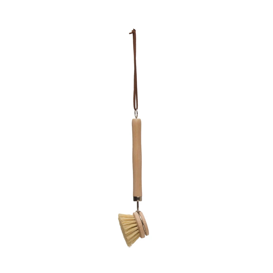 Light Washed Wood Dish Brush with Leather Strap