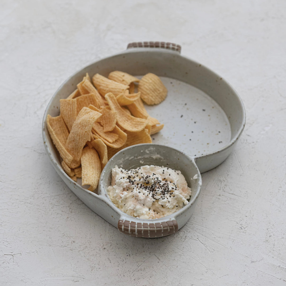 Stoneware Dish w/ 2 Sections & Handles, Reactive Glaze, Cream Color (Each One Will Vary)
