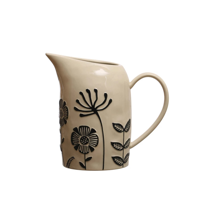 Hand-Painted Stoneware Pitcher w/ Embossed Flowers