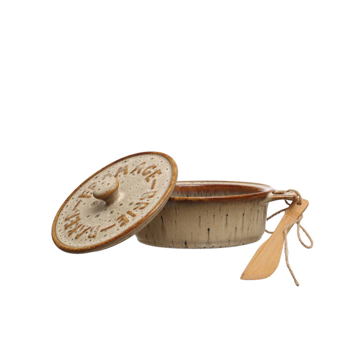 Stoneware Brie Baker w/ Bamboo Spreader, Set of 2 (Each One Will Vary)