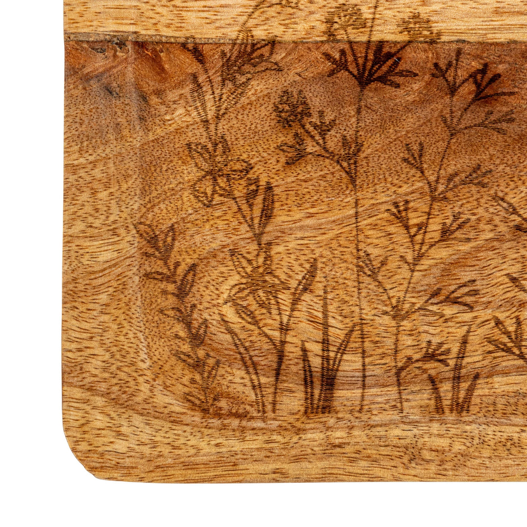Mango Wood Tray w/ Laser Etched Botanicals, Natural