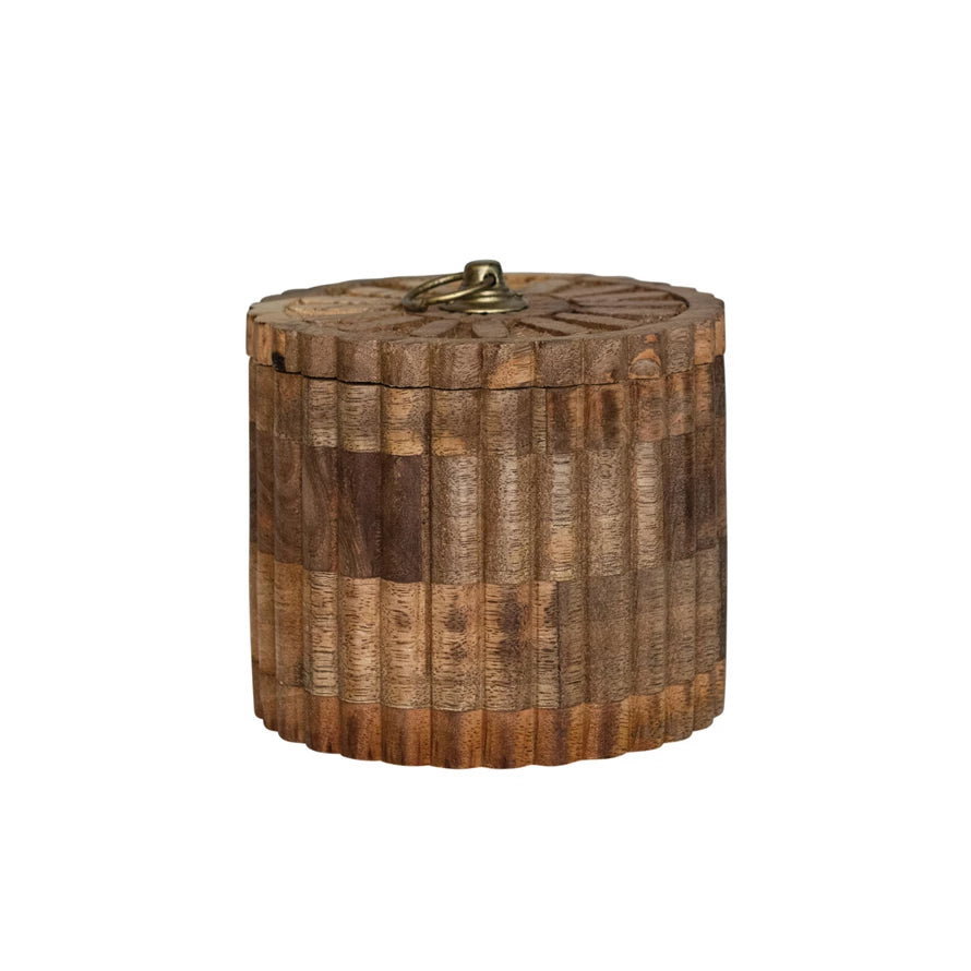 Carved Mango Wood Pleated Box w/ Lid & Metal Pull