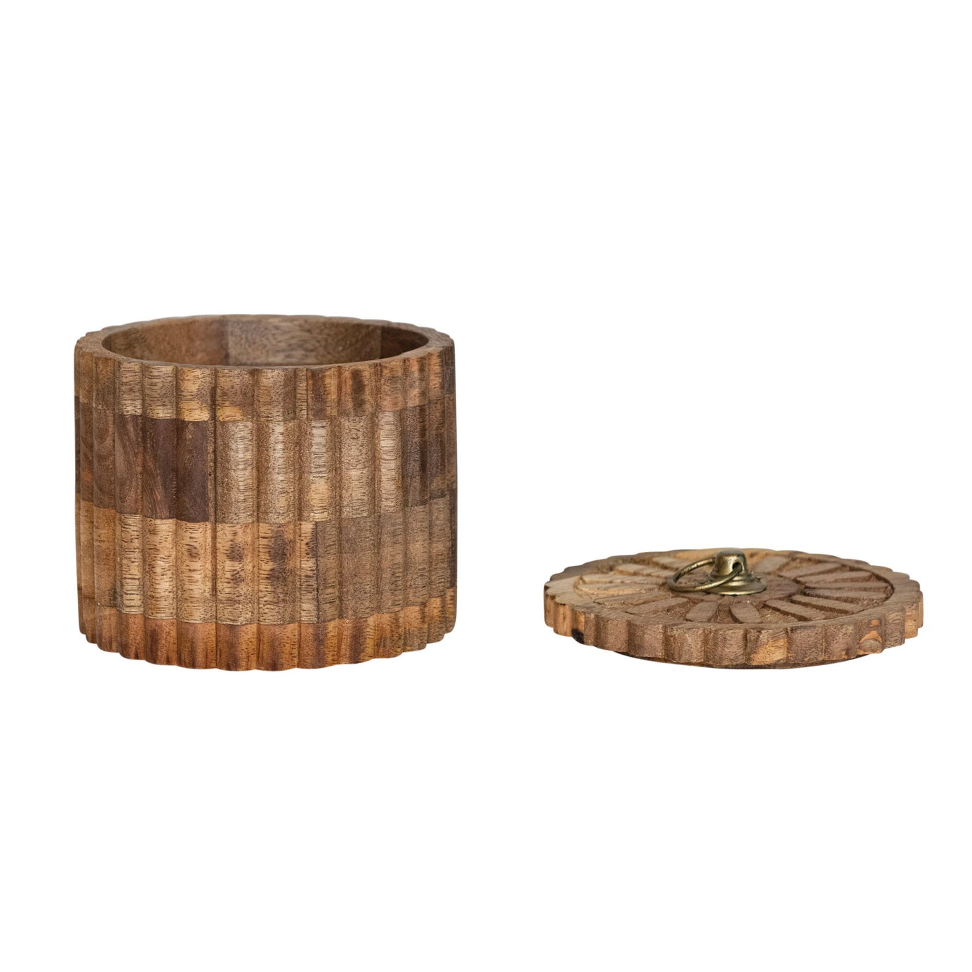Carved Mango Wood Pleated Box w/ Lid & Metal Pull