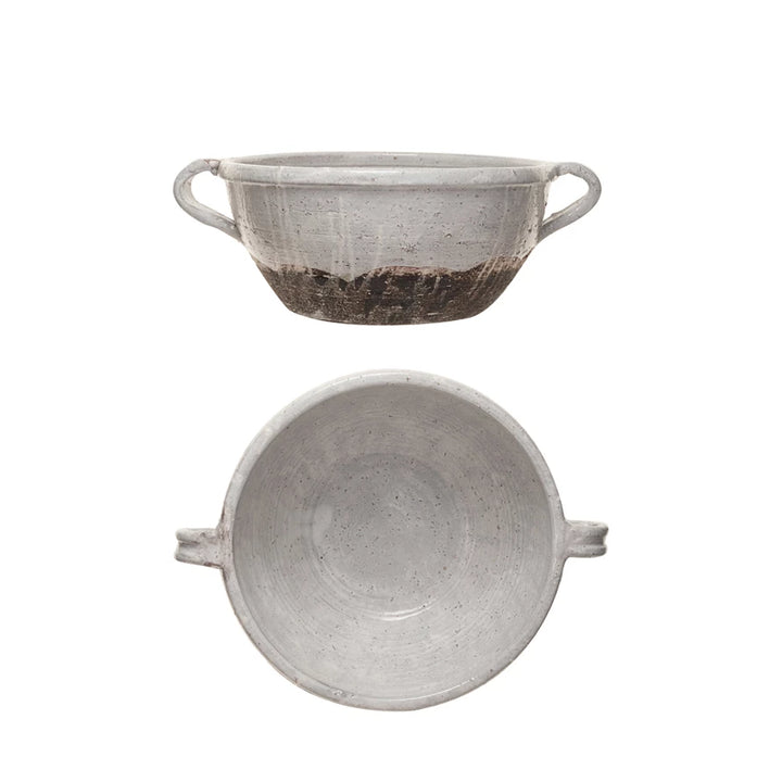 Terra-cotta Bowl w/ Handles, Distressed White