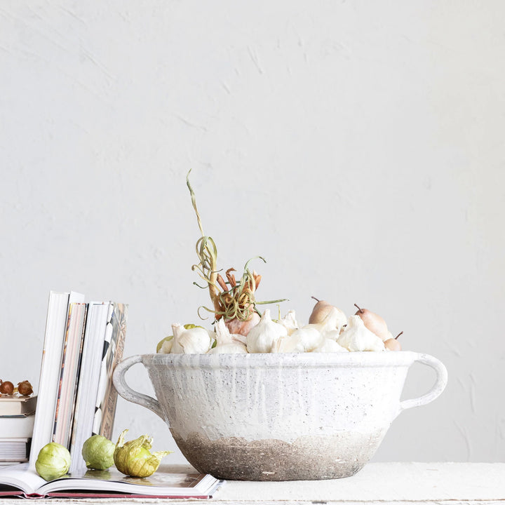 Terra-cotta Bowl w/ Handles, Distressed White