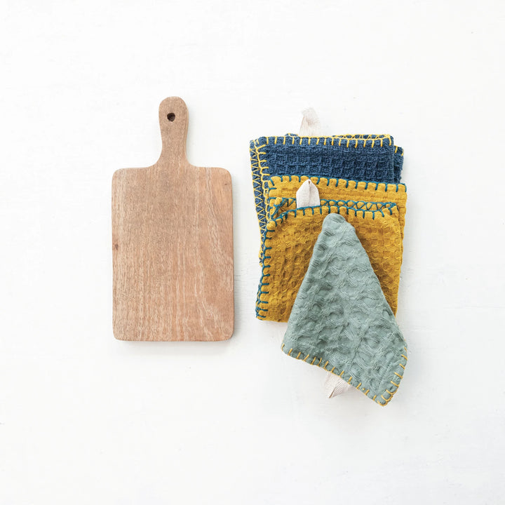 Cotton Waffle Weave Dish Cloths w/ Cheese/Cutting Board, Set of 4