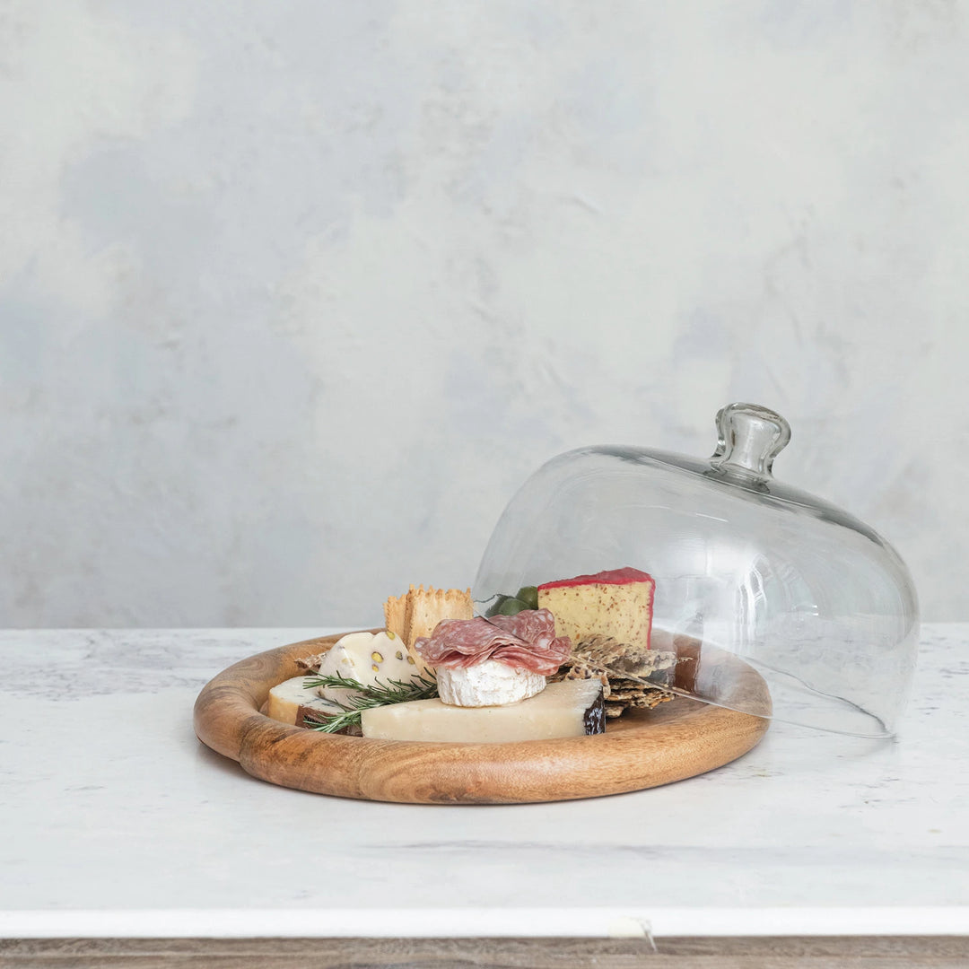 Glass Cloche w/ Mango Wood Base, Natural, Set of 2