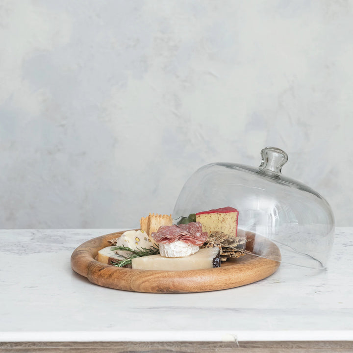 Glass Cloche w/ Mango Wood Base, Natural, Set of 2