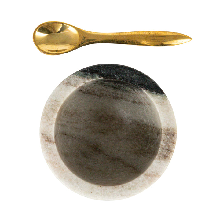 Marble Salt Cellar w/ Brass Spoon, Set of 2