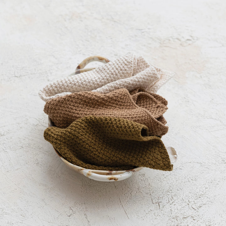 Cotton Knit Dish Cloths, Set of 3 Tied w/ Cotton Tape