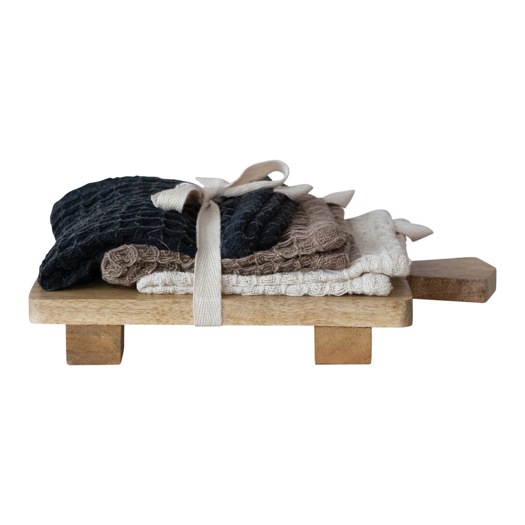 (3) Waffle Weave Dish Cloths w/ Cheese/Serving Board, Set of 4 Tied w/ Cotton Tape