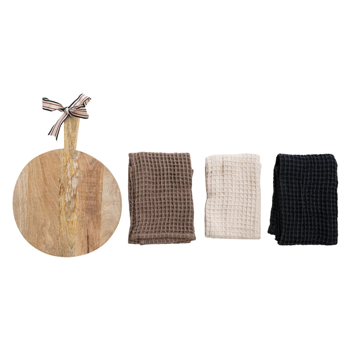 (3) Waffle Weave Tea Towels w/ Mango Wood Cheese/Serving Board, Set of 4 Tied w/ Cotton Tape