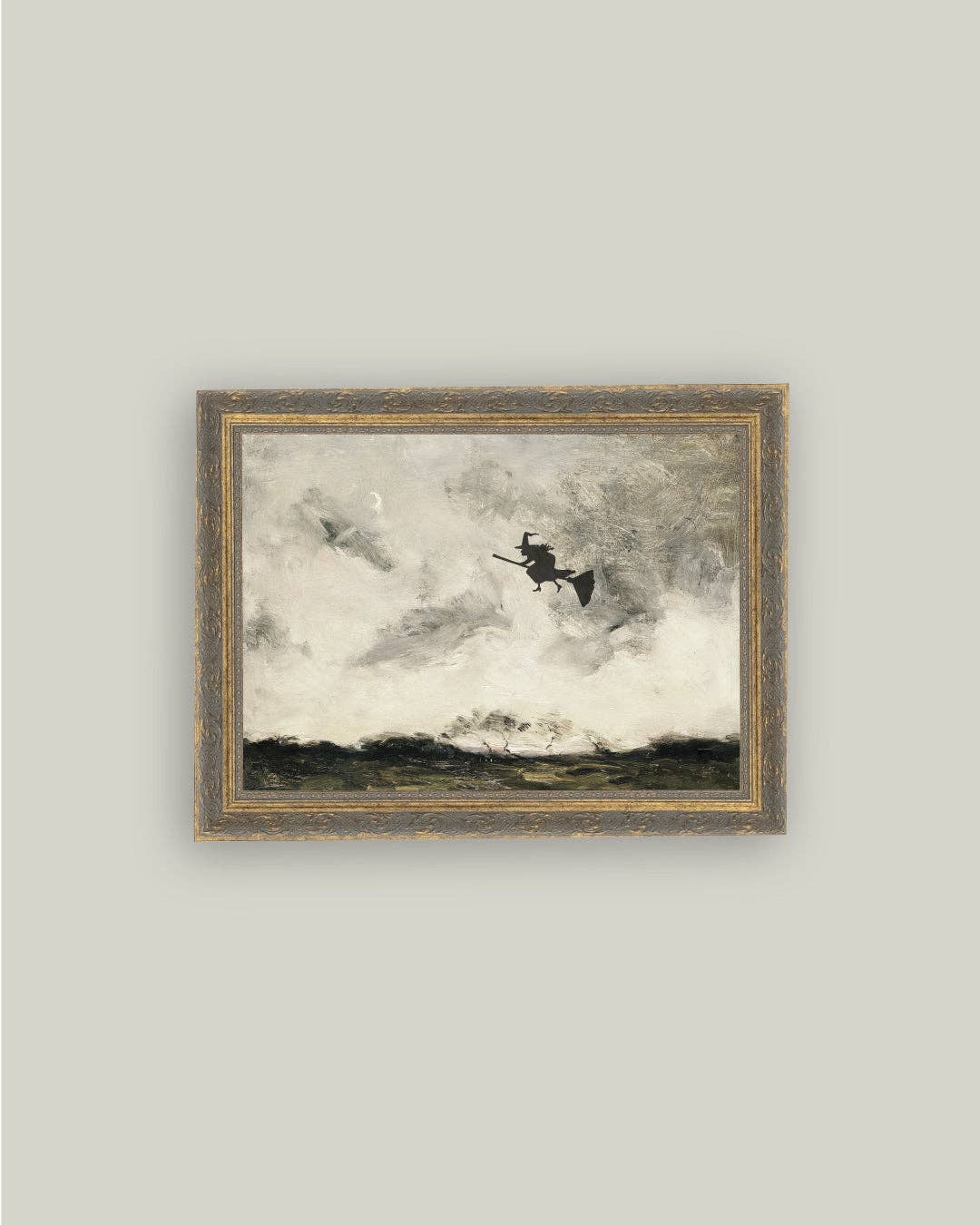 Witch Flying Through The Night Framed Antique Art
