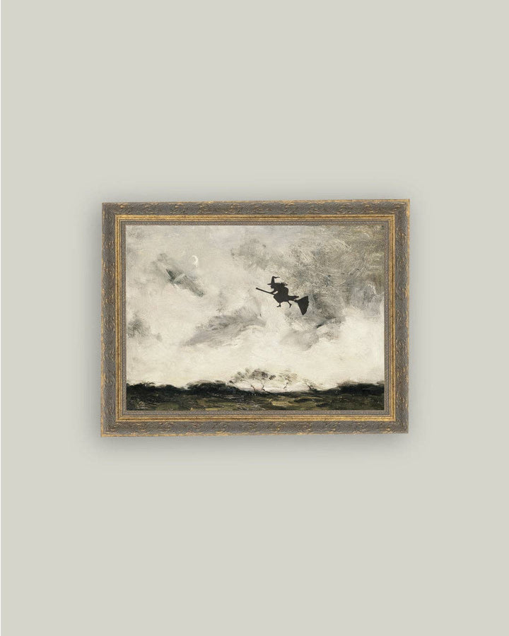 Witch Flying Through The Night Framed Antique Art