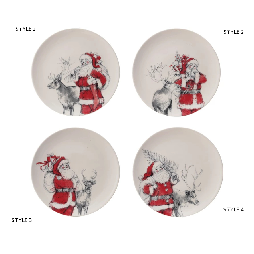 Stoneware Plate with Santa & Reindeer Image, 4 Styles