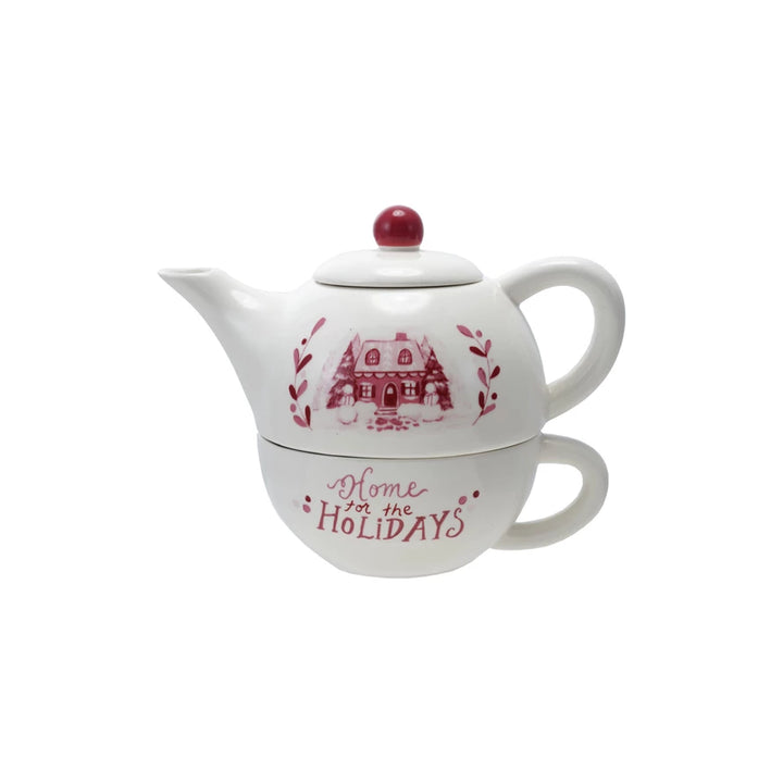 "Home for the Holidays" 16 oz. Stoneware Tea For One with 12 oz. Teacup