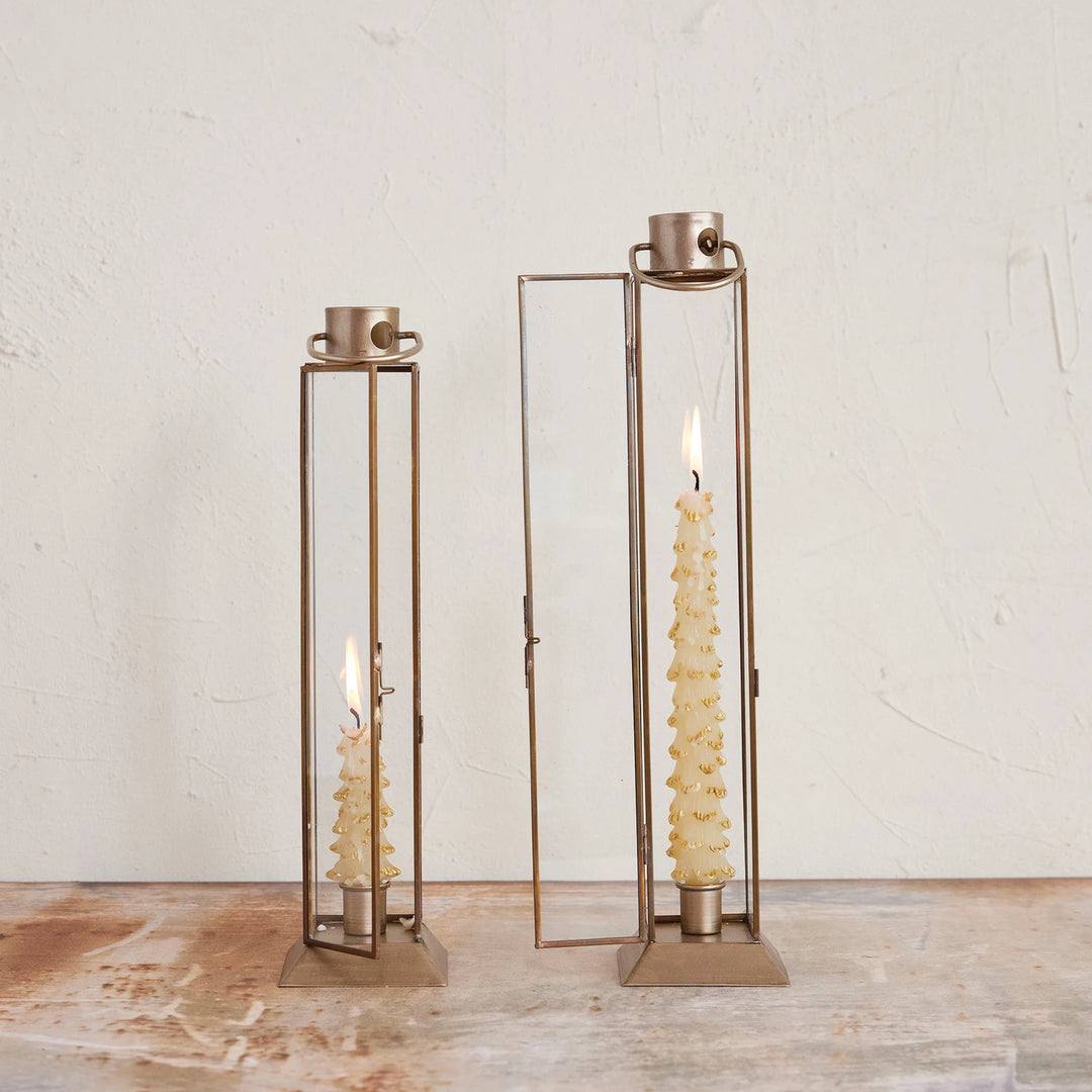 Metal & Glass Lantern Taper Holder, Gold Finish