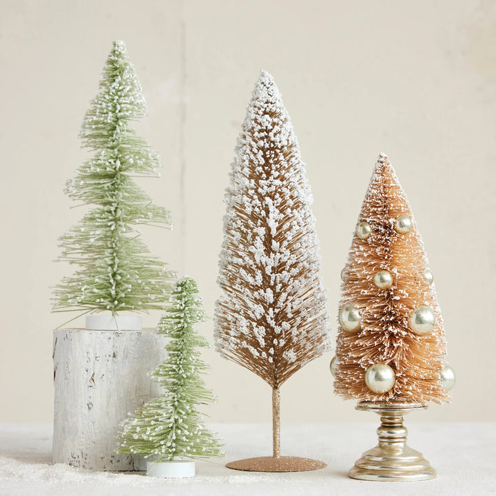 Plastic Bottle Brush Tree with Wood Base, Snow Finish, Sage Color