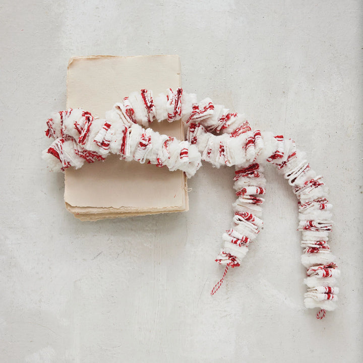 Fabric Garland with Stripes & Frayed Edges, White & Red