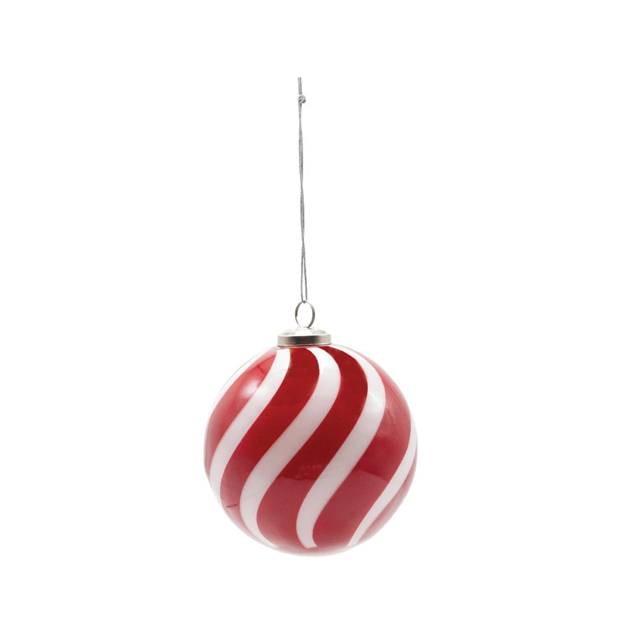 Hand-Blown Glass Ball Ornament with Swirled Stripes