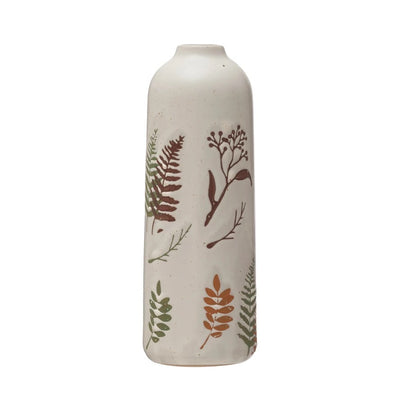 Stoneware Vase w/ Wax Relief Botanical Image