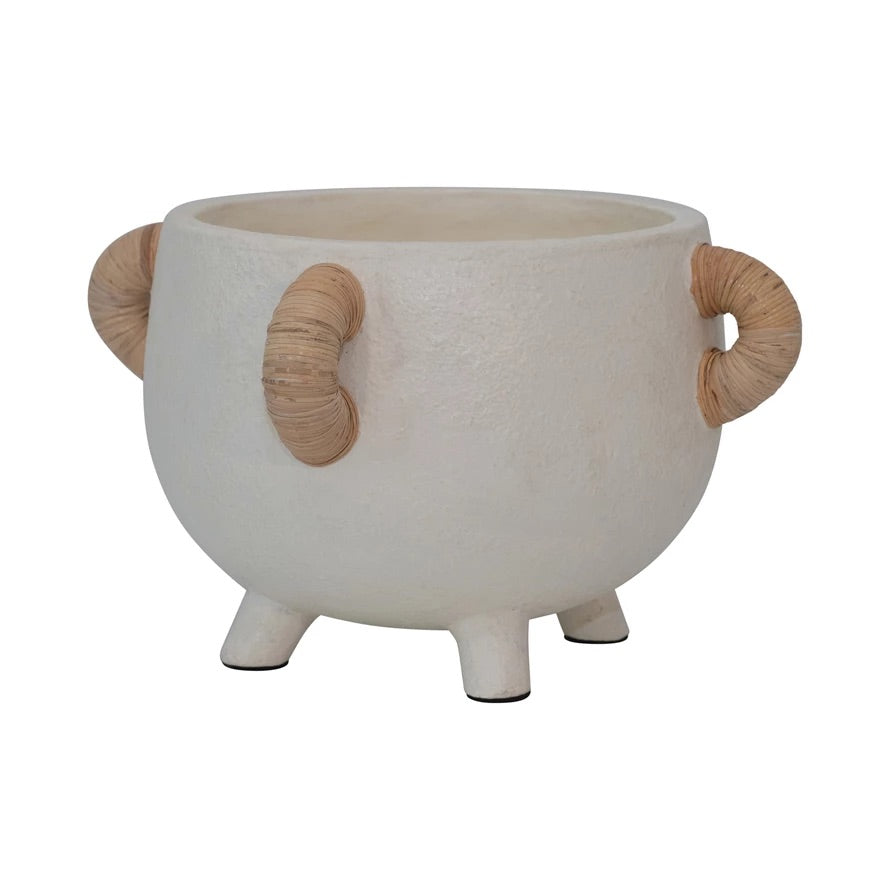 Terracotta Footed Planter, Rattan Wrapped Handles